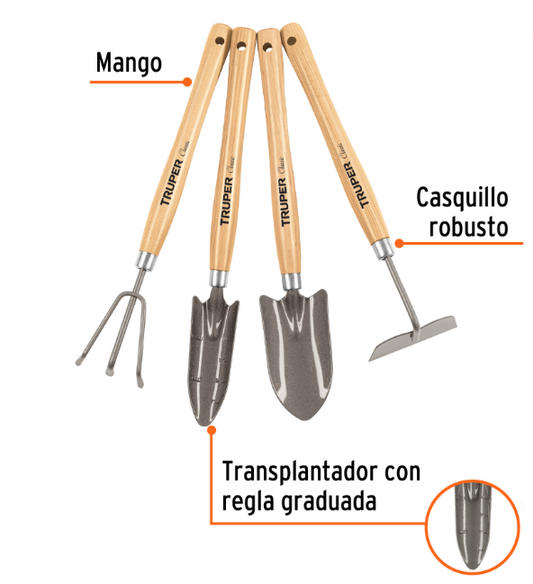 Juego de 4 herramientas para jardín, mango 12-1/4"