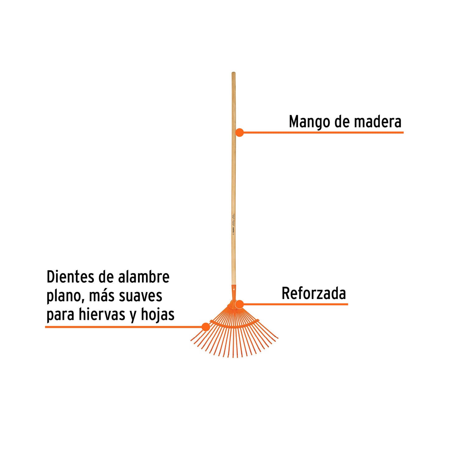 Escoba metálica para jardín, curva, 22 dientes, mango 48"