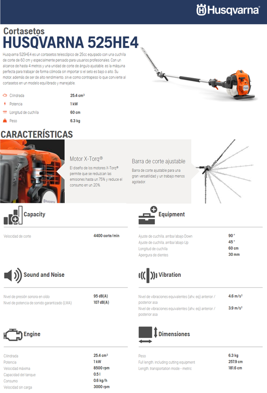 Cortasetos Husqvarna 525HE4 Potencia: 1.3hp
