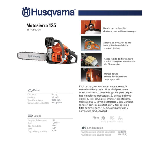 Motosierra Husqvarna 125 Espada 18" 3/8" H37 (2024) 2.2hp
