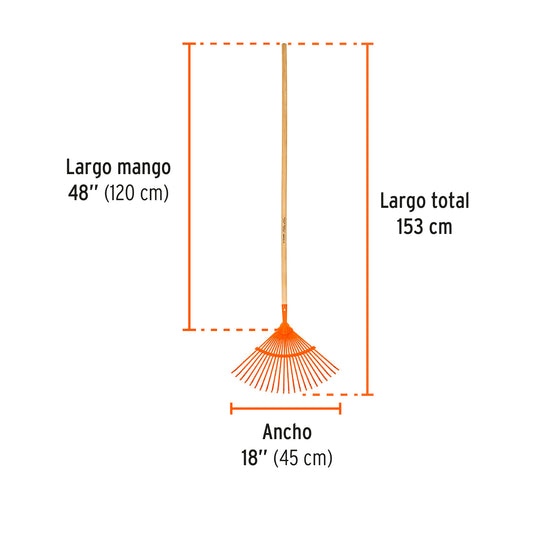 Escoba metálica para jardín, curva, 22 dientes, mango 48"